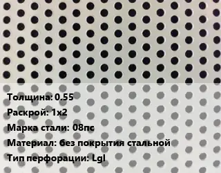 Лист перфорированный перфорация прямоугольная 0.55 1х2 Марка: 08пс без покрытия стальной Lgl